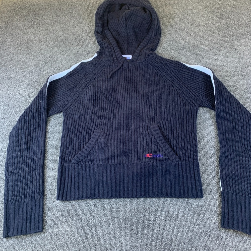 O'Neill Cropped Sweater Womens Large Navy Blue Ribbed Knit Raglan Sleeve Hooded